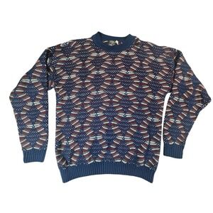 Ashley Knit Sweater Mens Large Blue Geometric Vintage Made in USA Crewneck Retro